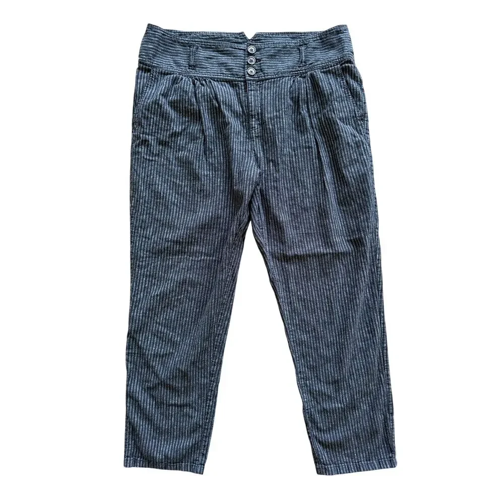 Sundance Amelia Trouser Pant Black White‎ Pinstripe 14P Linen Cotton Petite